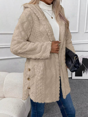 Khaki hooded fleece trench coat with diamond pattern and button details