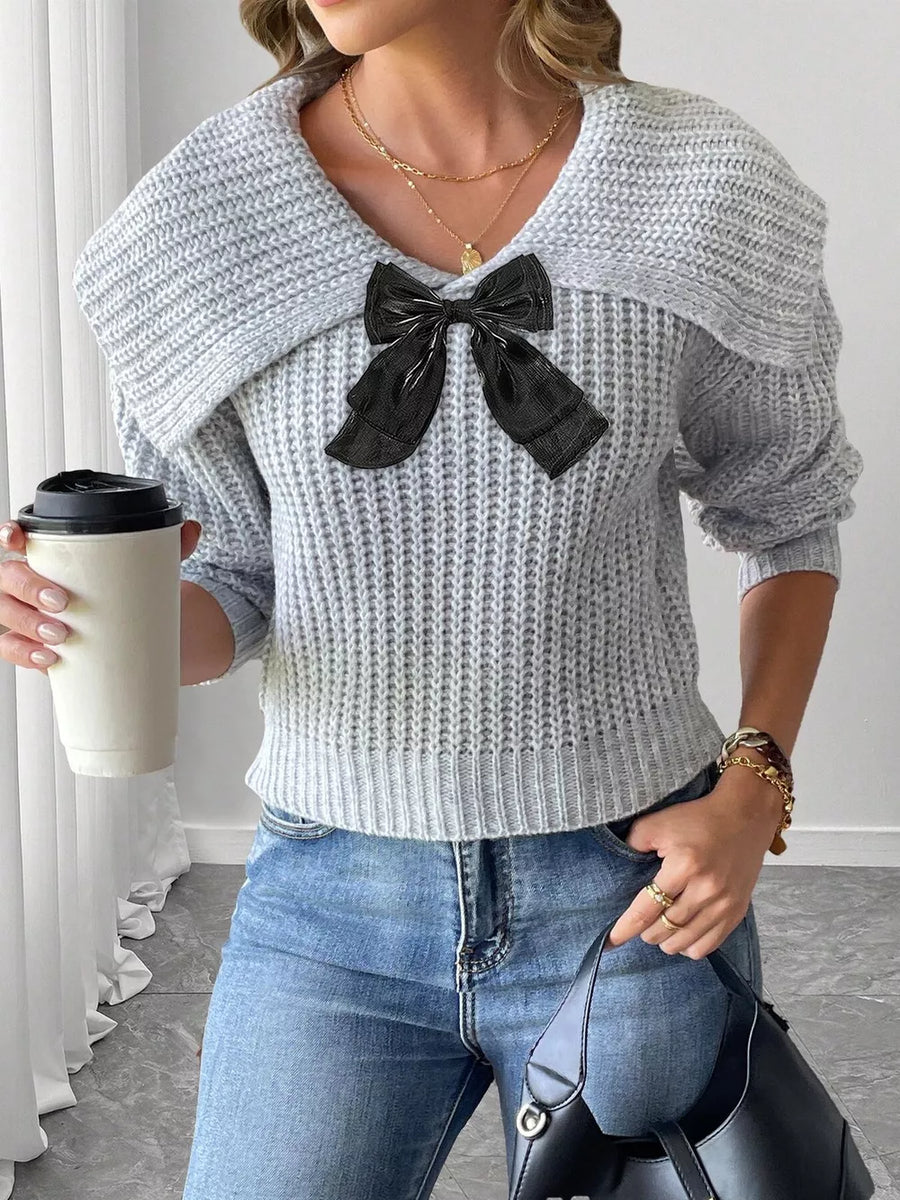 Contrast Bow Long Sleeve Sweater in ivory with waffle-knit