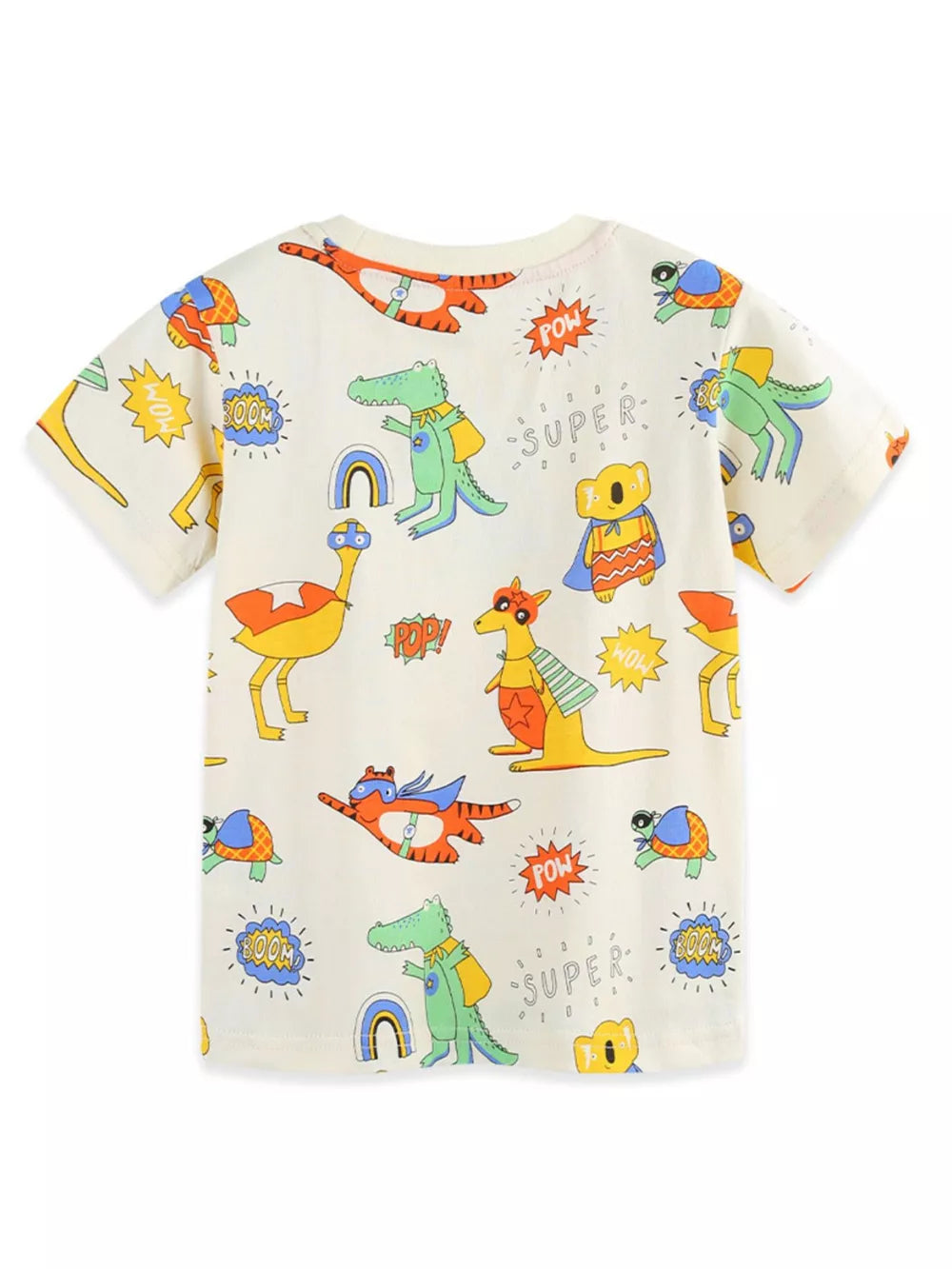 Children's beige crew neck t-shirt with a fun animal superhero print.