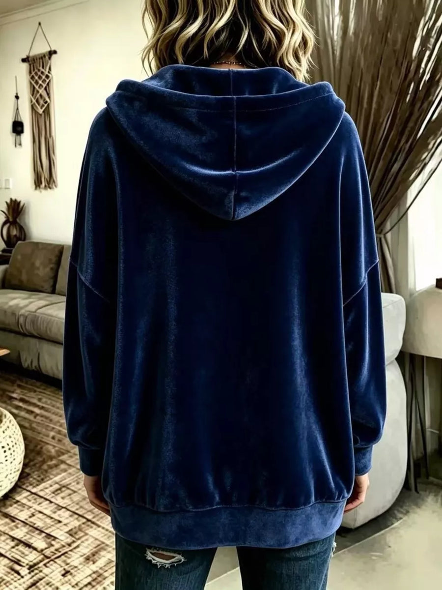 Navy hoodie with hip-length and button-front