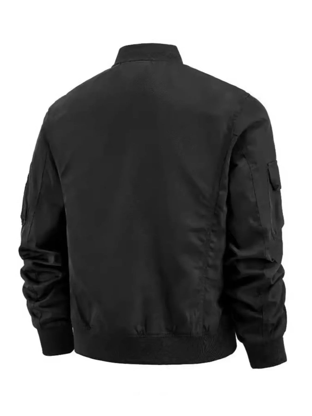 Black tactical bomber jacket with multiple pockets and ribbed cuffs.