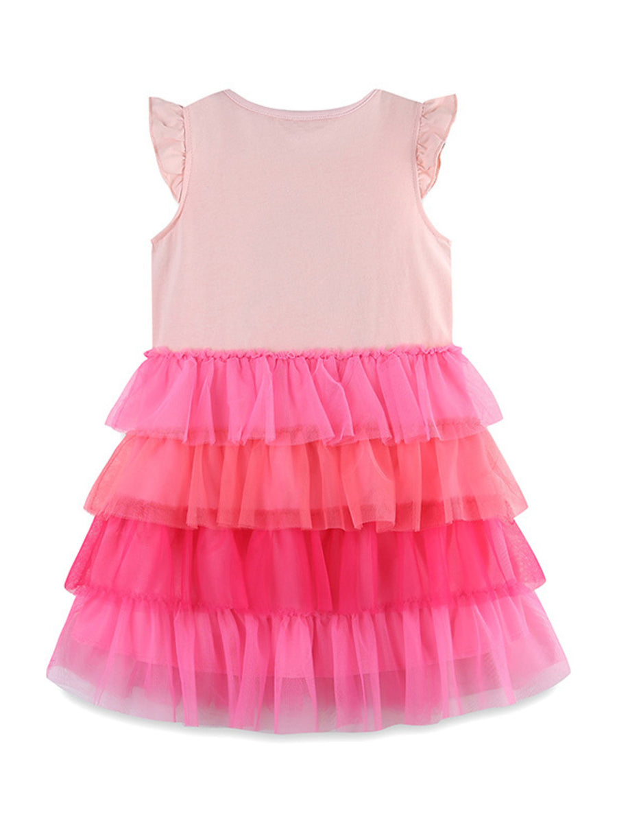 Pink baby dress with ruffled sleeves and tiered ombre tulle skirt.