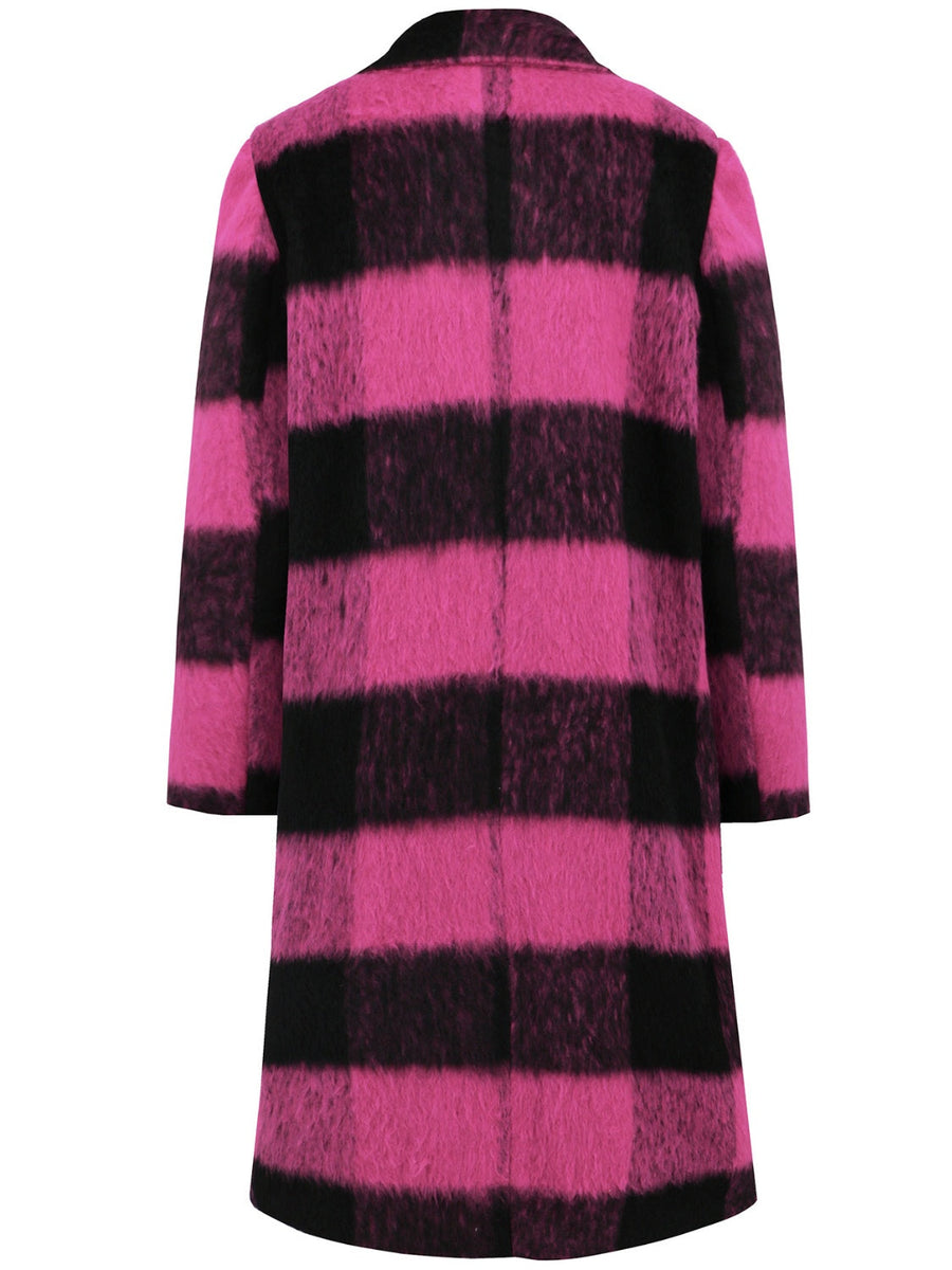 Hot Pink and Black checked plaid cocoon coat with a fuzzy texture.