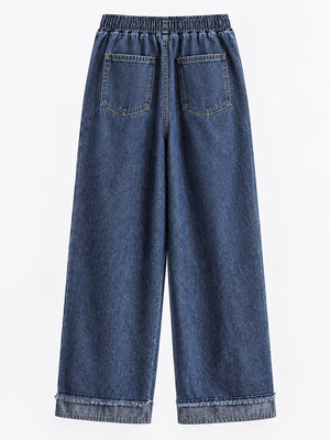 High-Waisted Wide-Leg Drawstring Jeans in Dark Blue with washed