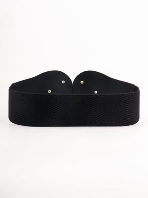 Black sculpted metalwork elastic waist cincher belt with snap closures.