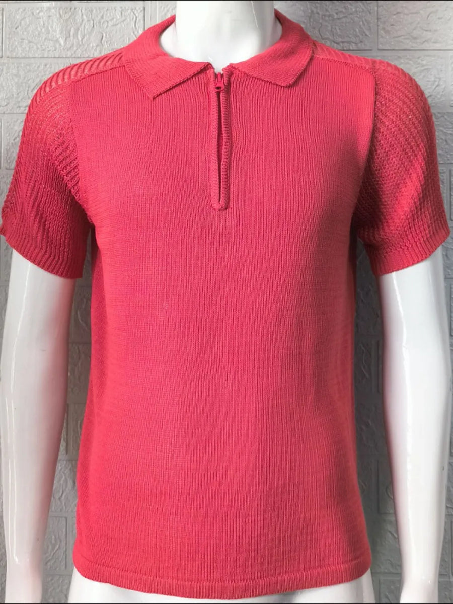 Textured knit polo shirt in strawberry with zip neck and short sleeves.
