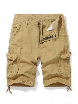Khaki cargo shorts for men with button and zip fly, multiple pockets, and drawstring hem.