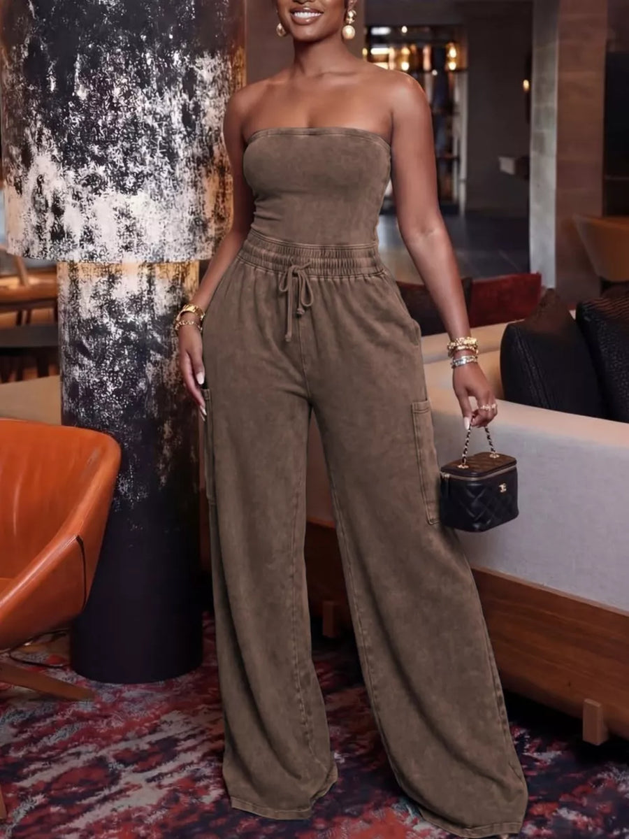 Brown cotton blend strapless jumpsuit with wide leg pants and drawstring waist