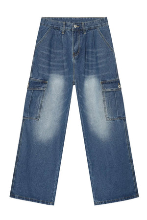 Pleated wide-leg denim cargo pants in medium wash with cargo pockets and a relaxed fit.