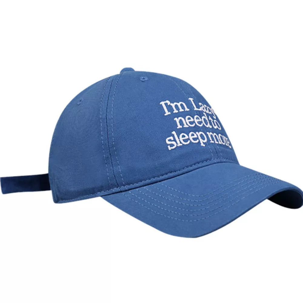 Royal blue cotton baseball cap with embroidered slogan "I'm Lazy need to sleep more
