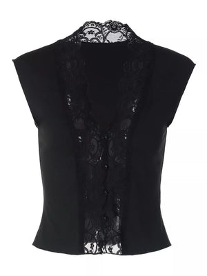 Black lace-trimmed sheer vest with button details and a high neckline.