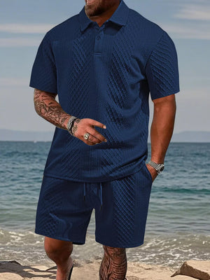 Navy blue textured knit polo shirt and drawstring shorts set with classic collar
