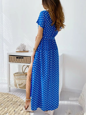 White Polka Dot Surplice Maxi Dress With Slit