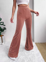 Dusty pink corduroy maternity flare pants with high waist and bell bottoms