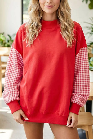 red sweatshirt with color-block and crew neck