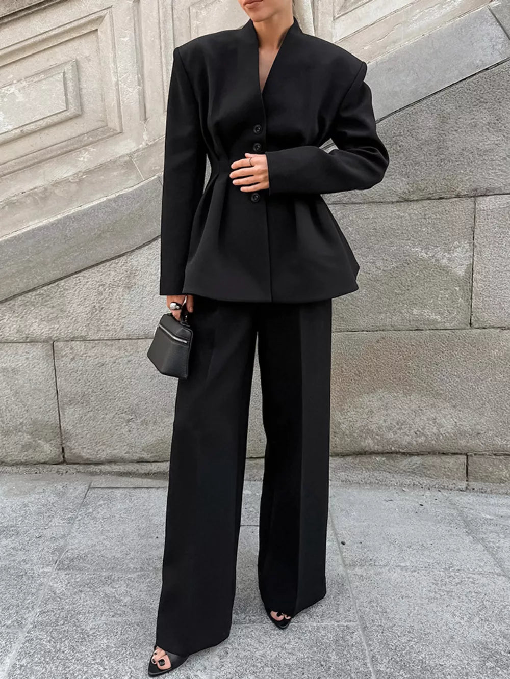 Black Button Down Pleated Blazer And Wide-leg Pants Set