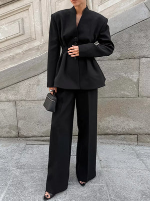 Black Button Down Pleated Blazer And Wide-leg Pants Set