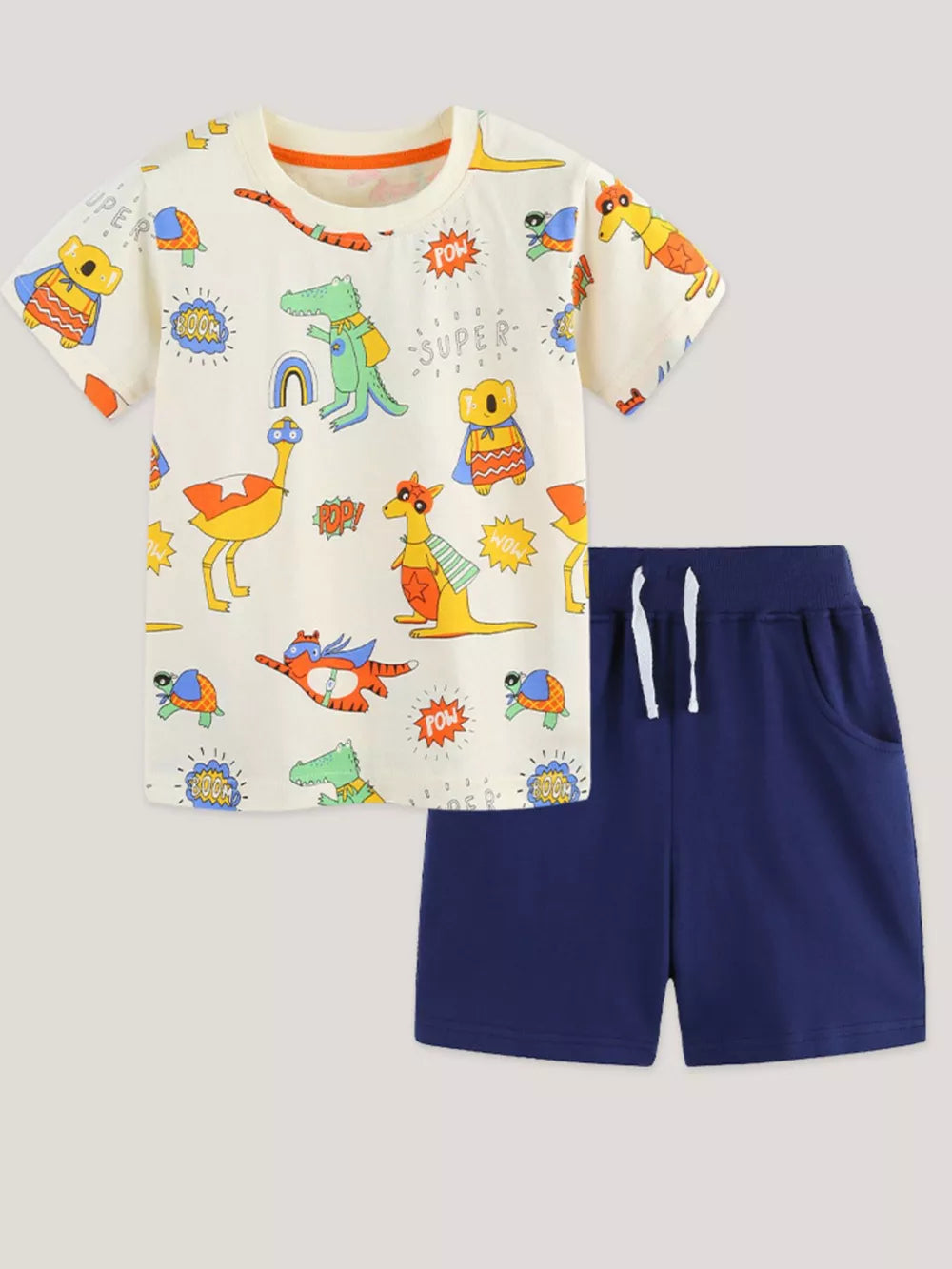Boys' cotton cartoon animal adventure t-shirt and navy shorts set.