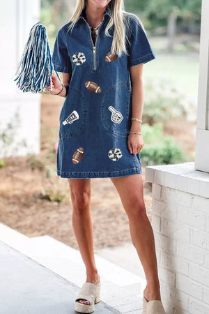 Denim mini dress in dark blue with football and cheer patches, zip neckline, short sleeves