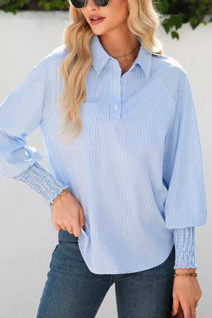 Striped Smocked Sleeve Collared Blouse option 5
