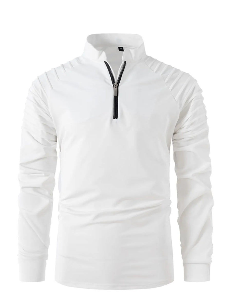 White zip-neck pullover sweater with pleated shoulder detail