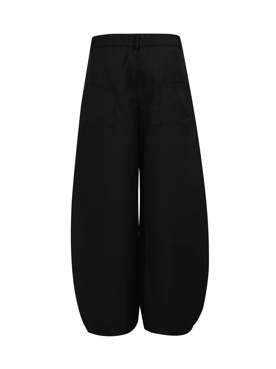 Black wide-leg trousers with adjustable waist and back pockets.
