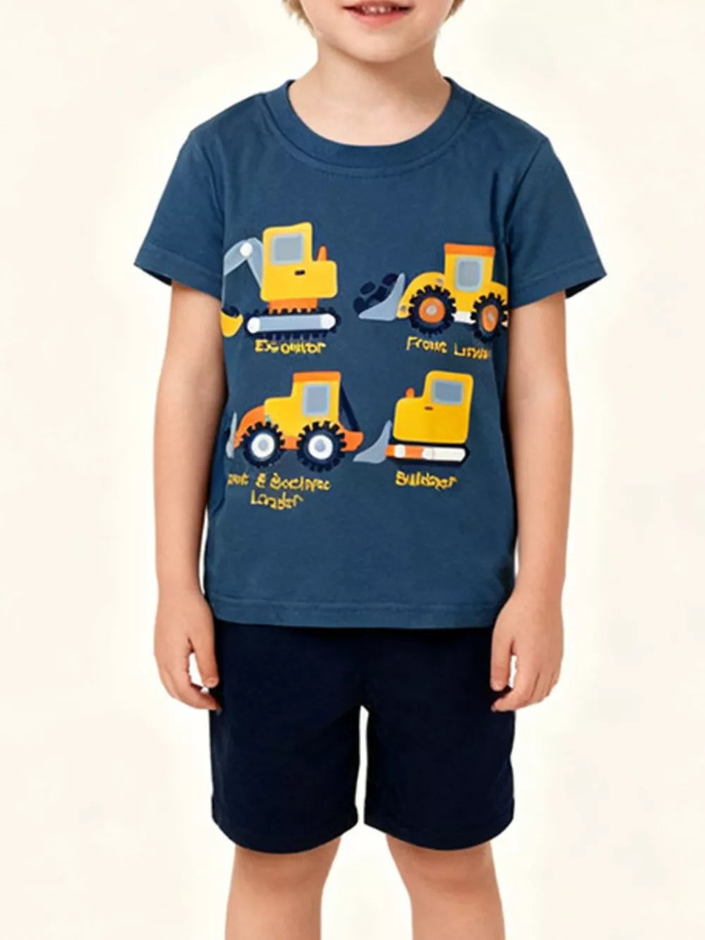 Kids blue t-shirt with playful construction vehicle graphics and text.