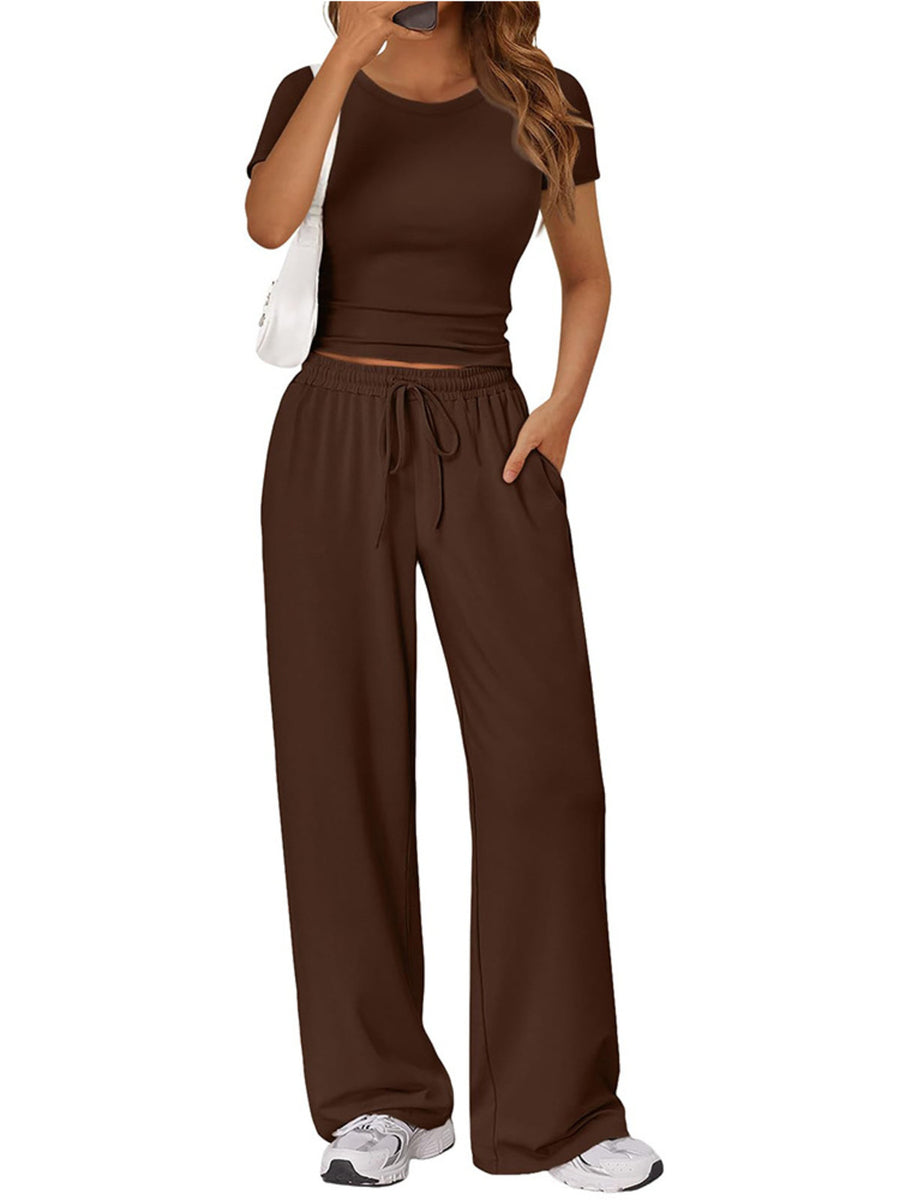 Brown round neck tee and relaxed fit drawstring pants set.