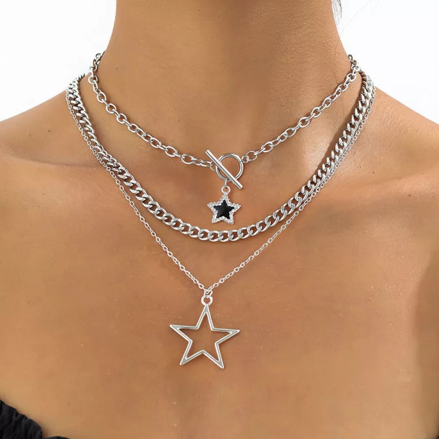 Silver with 3-piece Layered Star Pendant Silver-plated Necklace