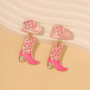 Pink cowboy boot dangle earrings with polka dots and gold heels