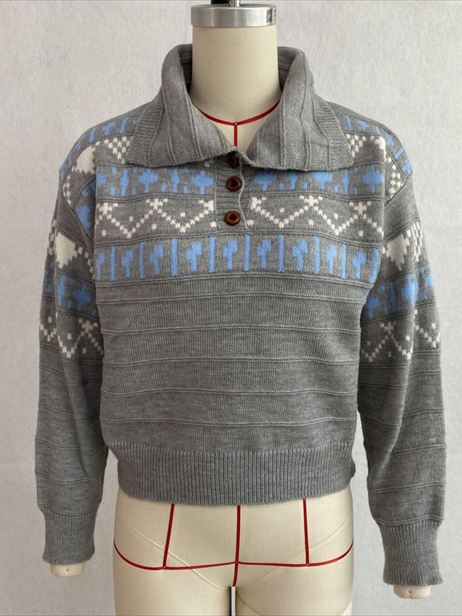 Navy Blue polo sweater with cropped and half-button
