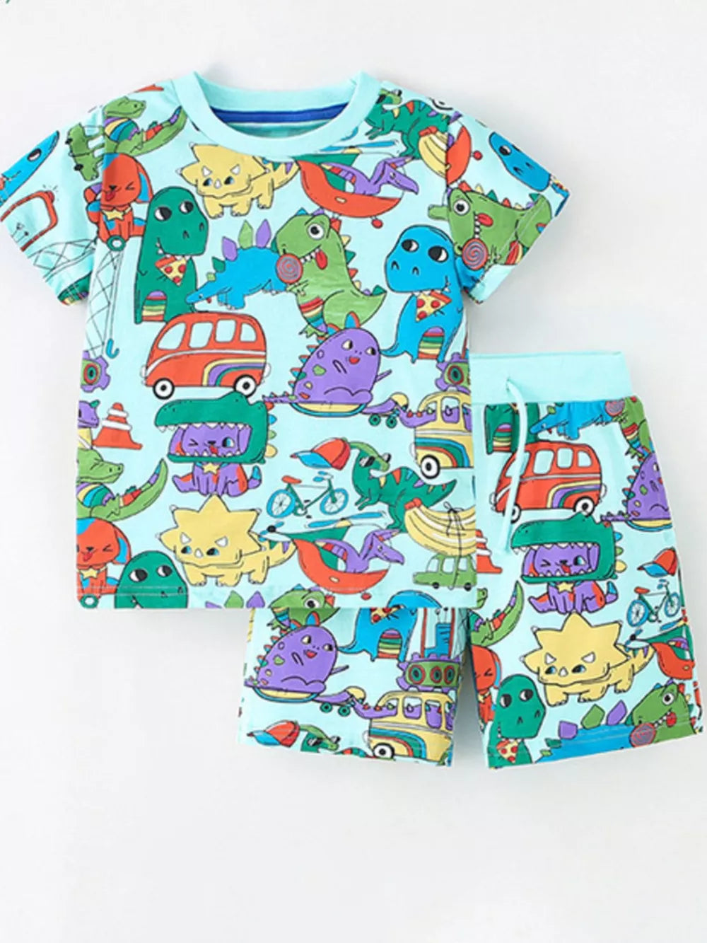 Light blue cotton toddler boys' dinosaur print t-shirt and shorts set.