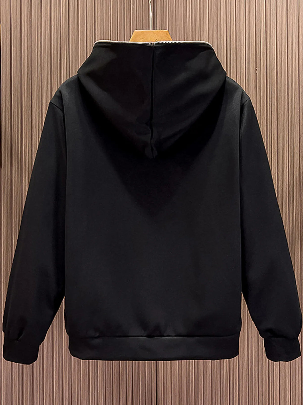 Men's black zippered long-sleeve hoodie with a full zip and hood.