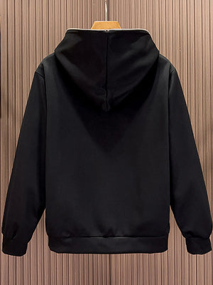 Men's black zippered long-sleeve hoodie with a full zip and hood.