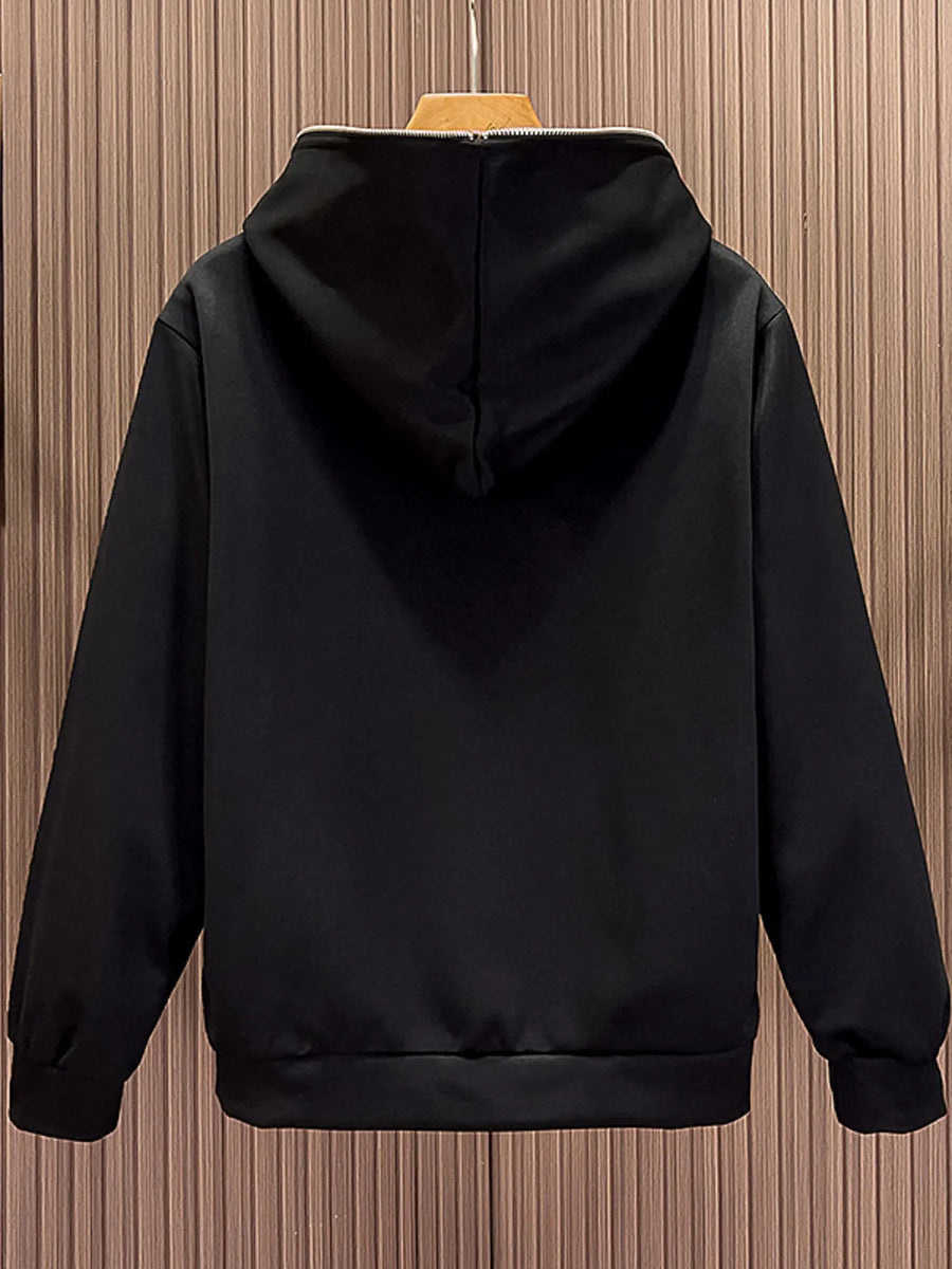 Men's black zippered long-sleeve hoodie with a full zip and hood.