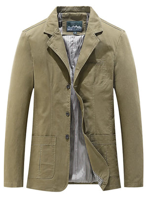 Men's olive green cotton blend blazer with striped lining, notched lapels, two button closure, and flap pockets.