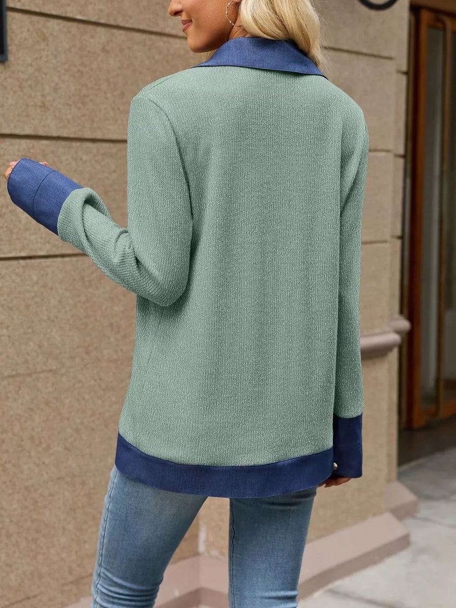 Contrast Denim Lapel Collar Trench Coat in Blue