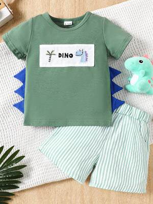 Green cotton tee with dinosaur embroidery and striped shorts.