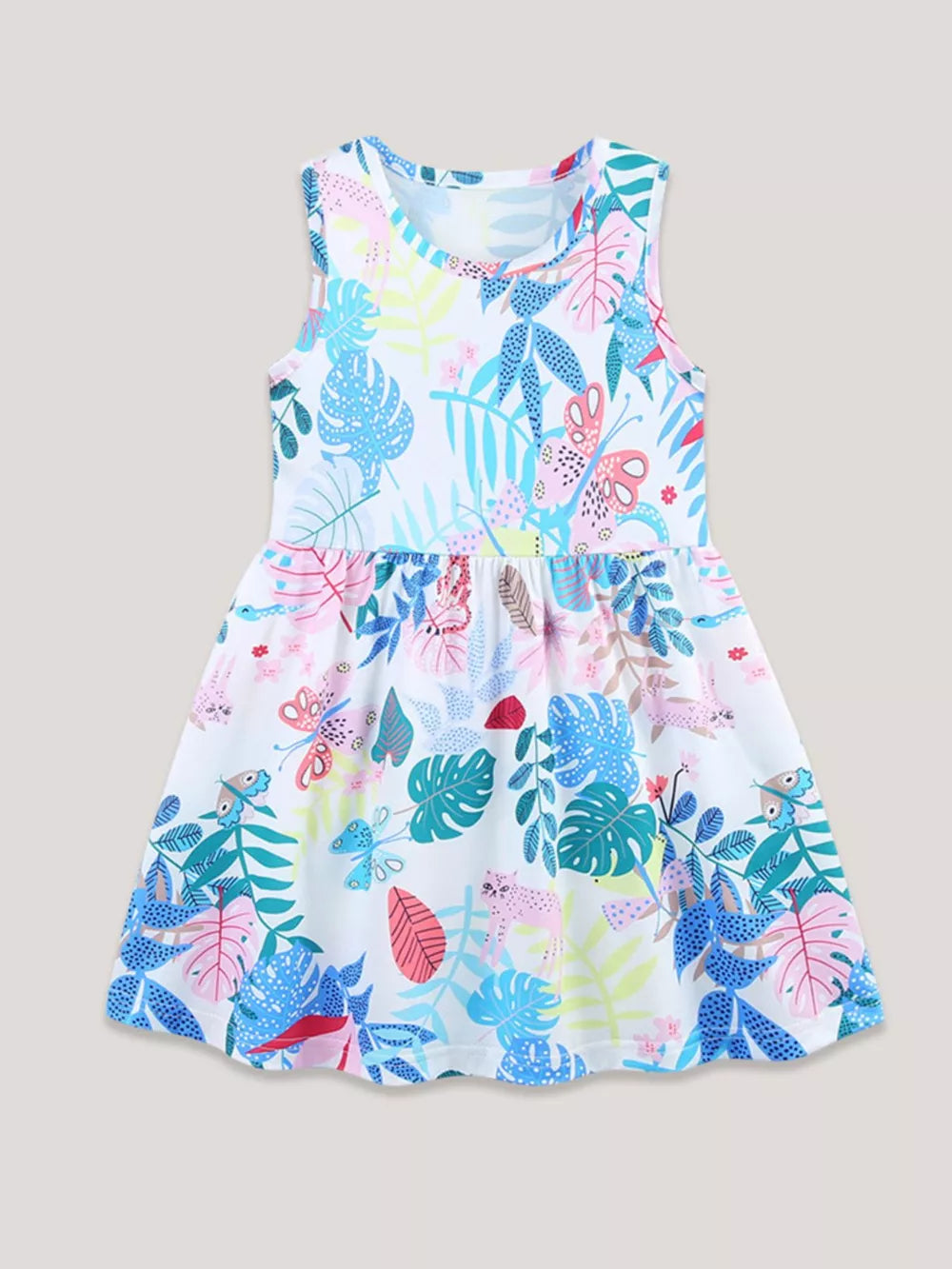 Baby girls white cotton A-line dress with colorful tropical leaf and animal print