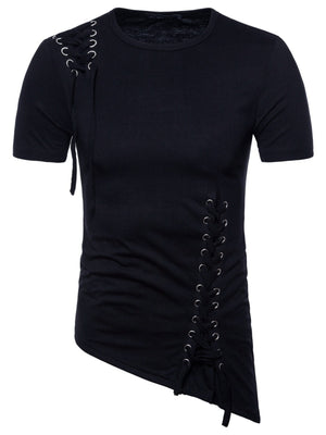 Black cotton t-shirt with asymmetric hem and lace-up details on shoulder and side.