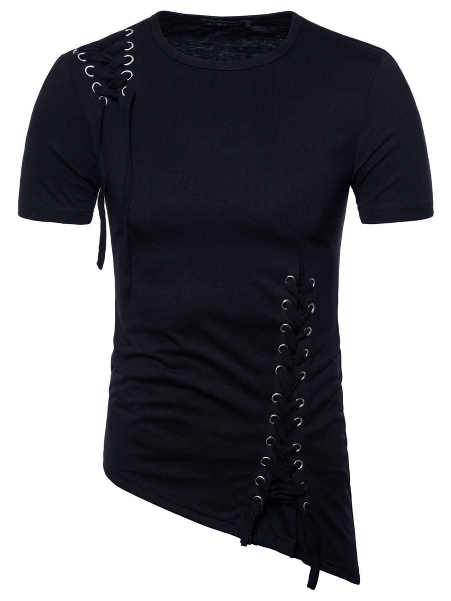 Black cotton t-shirt with asymmetric hem and lace-up details on shoulder and side.