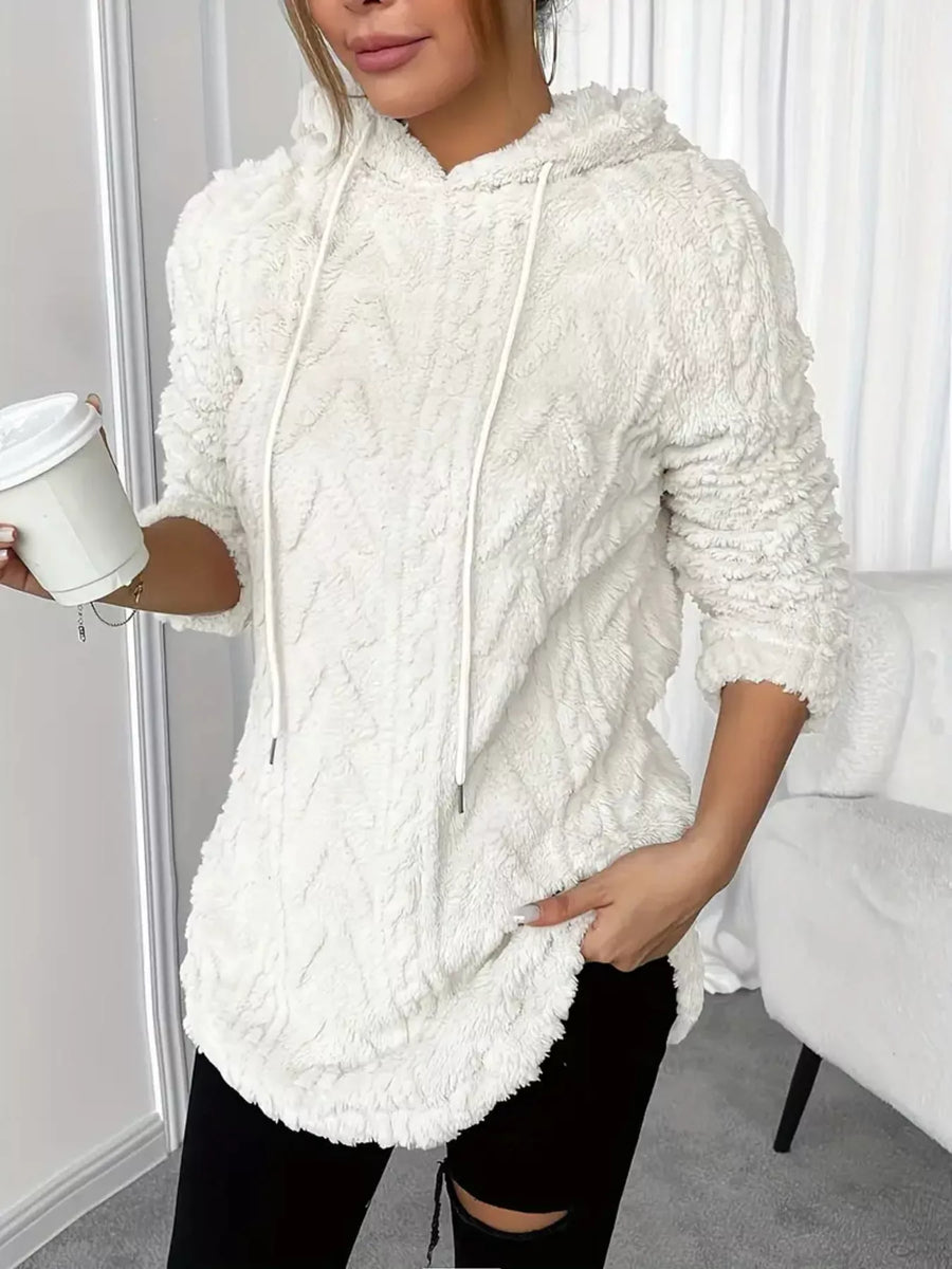 Textured white fleece hoodie with drawstring and relaxed fit.