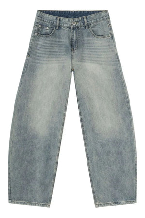 Faded light blue baggy denim jeans with a relaxed fit.