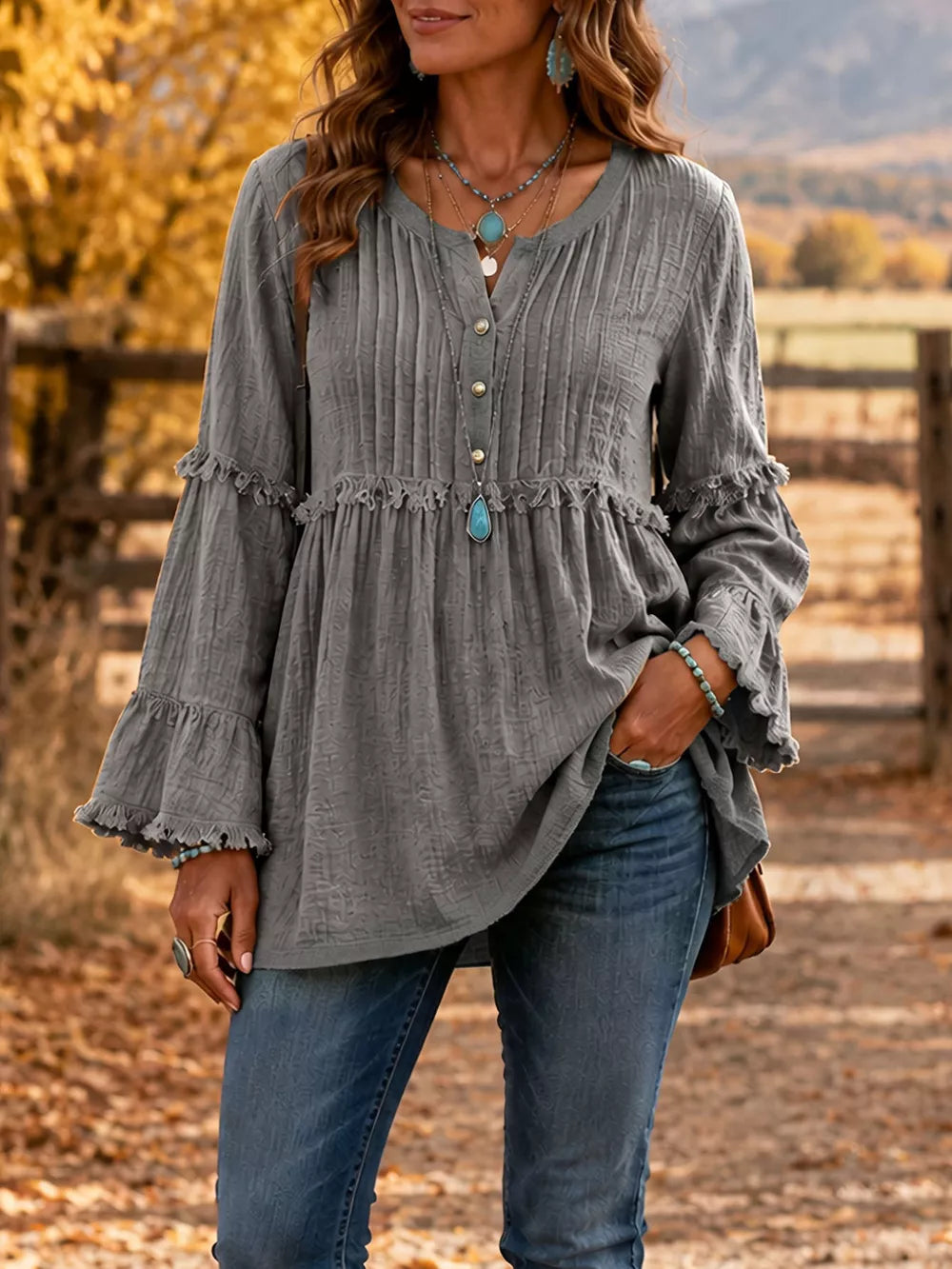 Brown relaxed blouse with notched