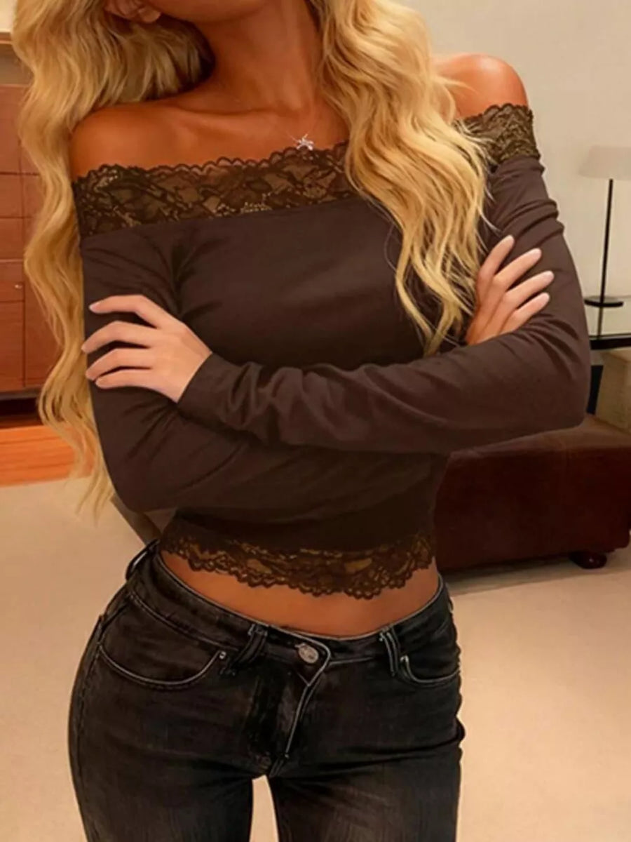 off-shoulder top in Brown with lace detail and cropped