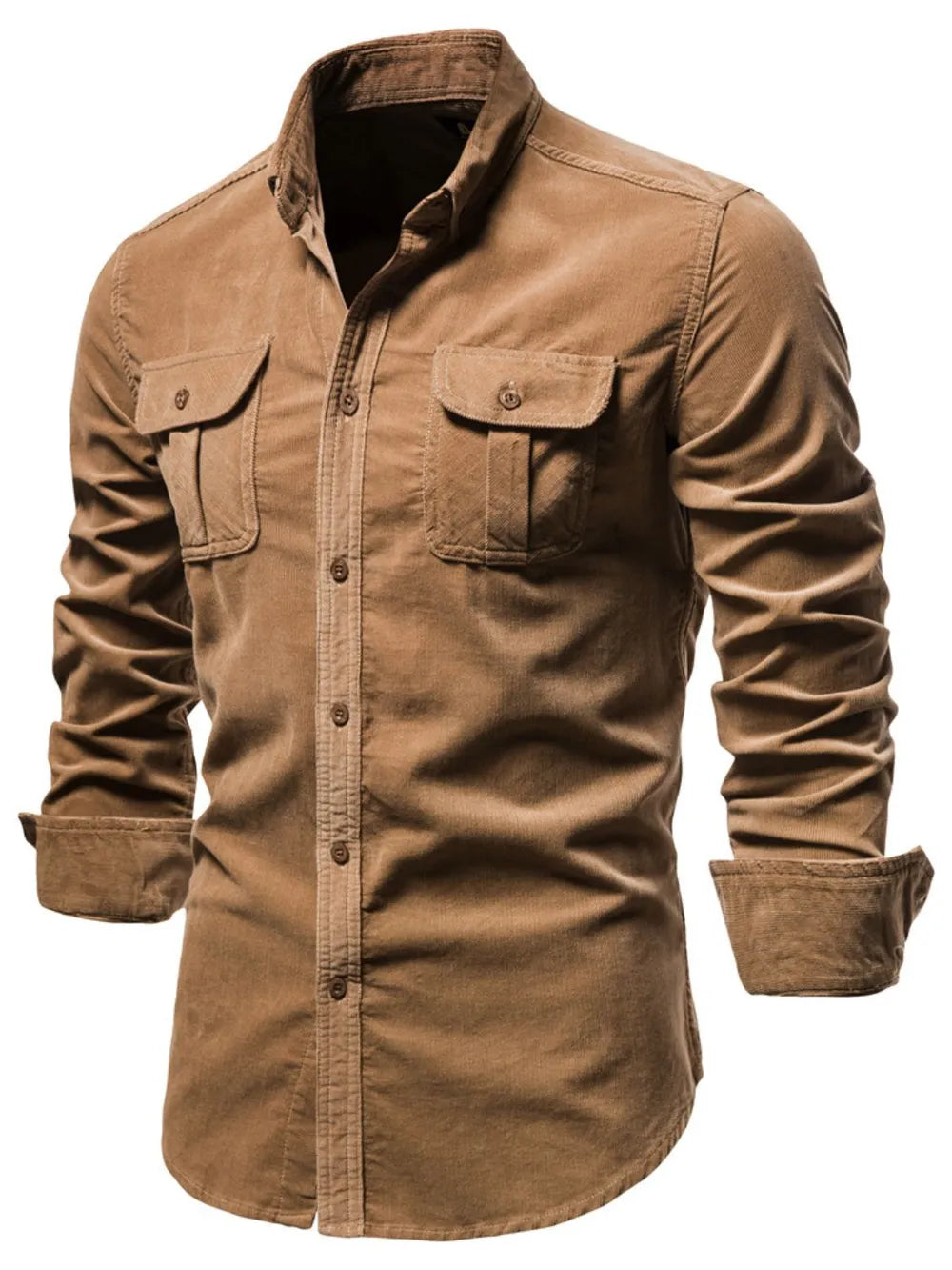 Corduroy utility shirt in camel with two patch pockets and button-down front.
