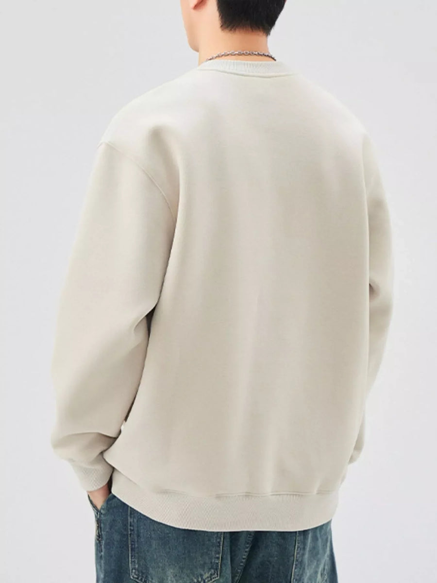 Plus-size long-sleeve sweatshirt in light beige, crewneck, relaxed fit, cotton blend.