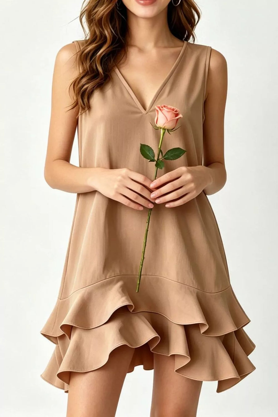 Taupe tiered ruffle hem v-neck mini dress with sleeveless design
