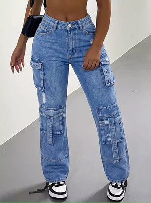 cargo jeans in light wash blue featuring distressed and relaxed fit