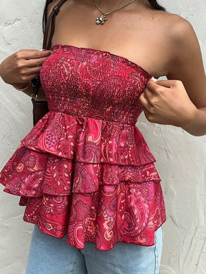 Smocked Layered Paisley Print Tube Top option 3